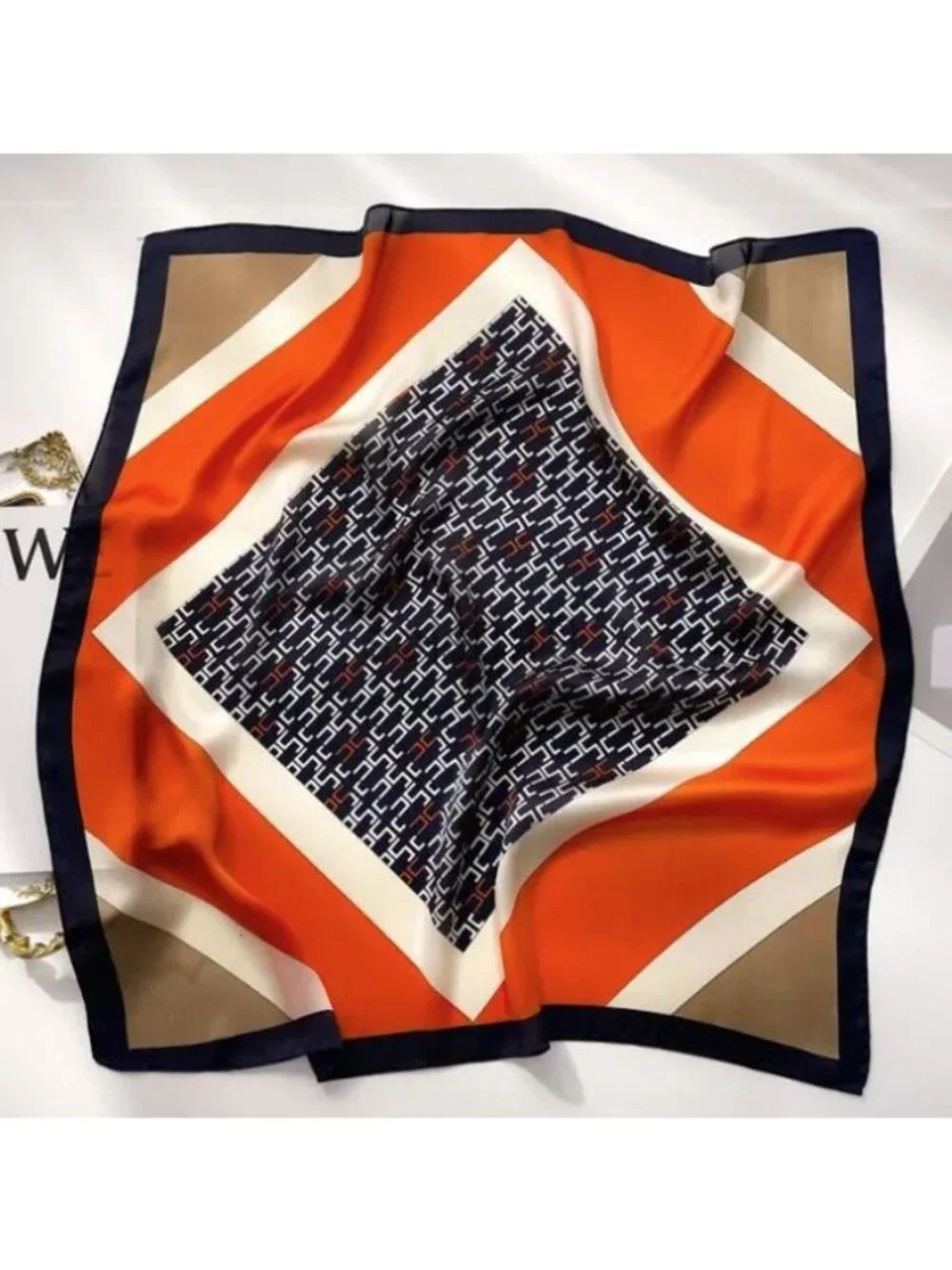 ✨Luxurious Elegant Bandana Square Scarf Silky Soft Satin Soft ORANGE Geometric✨